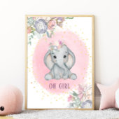 ゾウの水彩ピンク花赤ちゃん女の子の部屋 ポスター