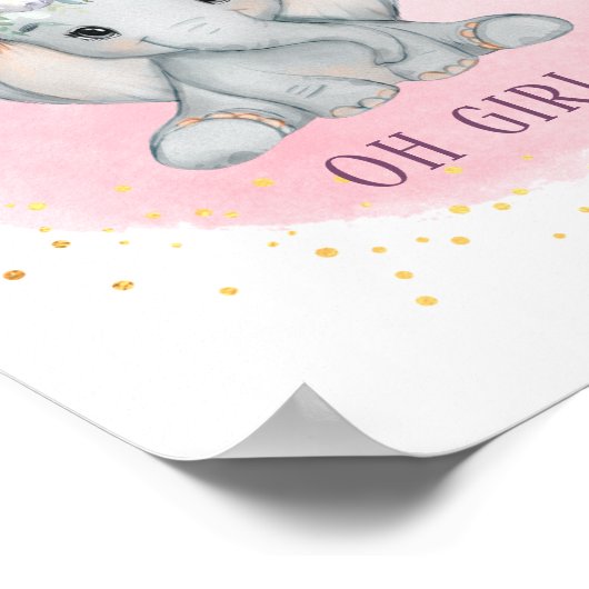 ゾウの水彩ピンク花赤ちゃん女の子の部屋 ポスター (角)