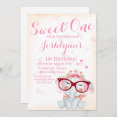 ゾウの水彩画 スイートワン ガール 2歳の誕生日 招待状 (正面/裏面)