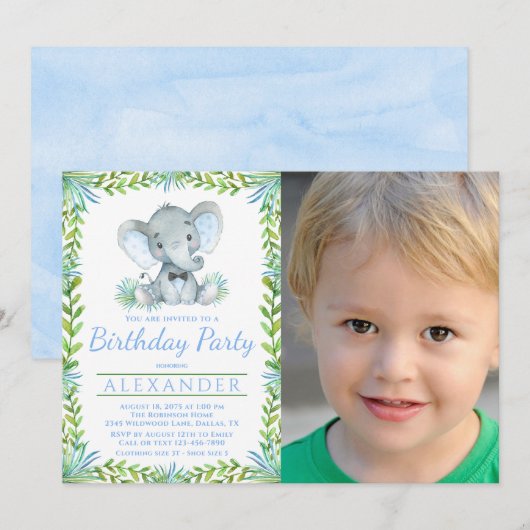 ゾウの男の子の誕生日パーティー 写真入り 招待状 (正面/裏面)