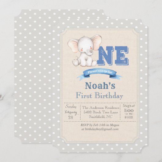 ゾウの男の子 初めての1歳の誕生日 招待状 (正面/裏面)