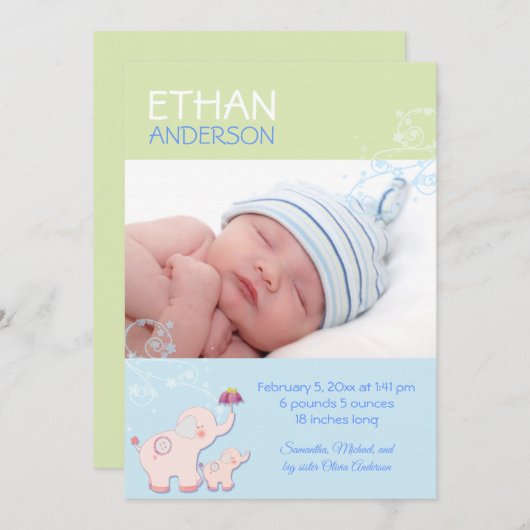 ゾウの男の赤ちゃん写真の誕生発表 案内状 (正面/裏面)