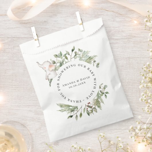ゾウの緑の男女兼用赤ちゃんシャワー フェイバーバッグ (クリップ留めされた状態)