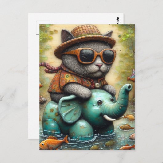 ゾウの花で飾りつけたかわいい猫 ポストカード (正面/裏面)