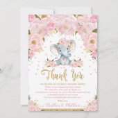 ゾウの花のベビーシャワー感謝カード 女の子 招待状 (正面)