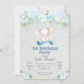 ゾウの花柄の男の子の1歳の誕生日パーティーの招待状 招待状 (正面)