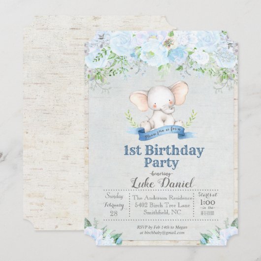 ゾウの花柄の男の子の1歳の誕生日パーティーの招待状 招待状 (正面/裏面)