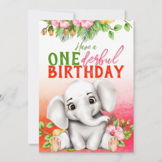 ゾウの花柄 1歳の誕生日 カード (正面)