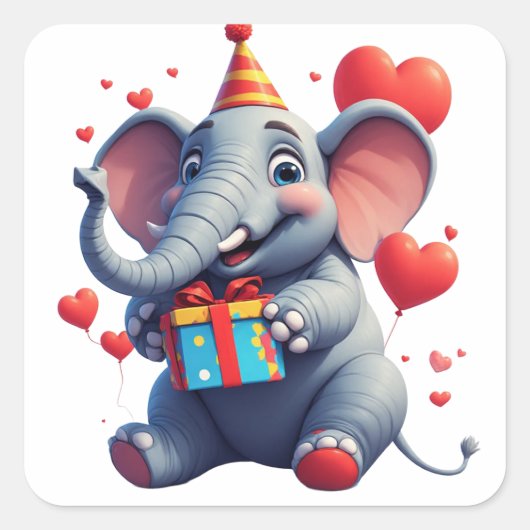 ゾウの誕生日パーティーギフト 🎁 スクエアシール (正面)