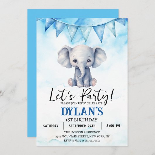 ゾウの誕生日パーティー 招待状 (正面/裏面)