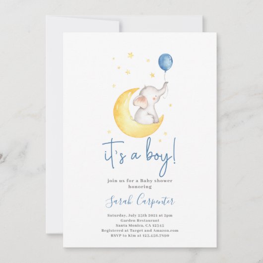 ゾウの赤ちゃんシャワーの男の子 招待状 (正面)