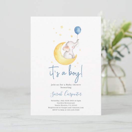ゾウの赤ちゃんシャワーの男の子 招待状 (スタンド正面)