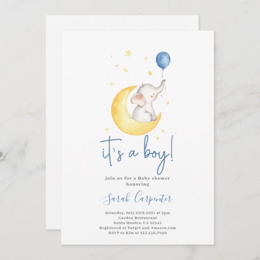 ゾウの赤ちゃんシャワーの男の子 招待状 (正面/裏面)