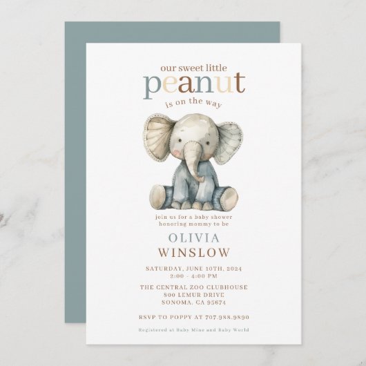 ゾウの赤ちゃんシャワーの途中の小さなピーナッツ 招待状 (正面/裏面)