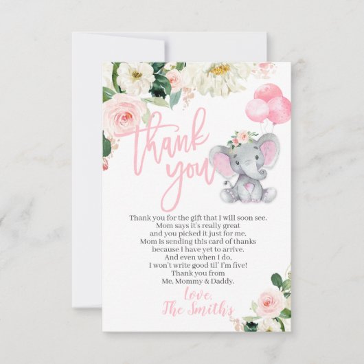 ゾウの赤ちゃんシャワーサンキューカードfor a girl サンキューカード (正面)