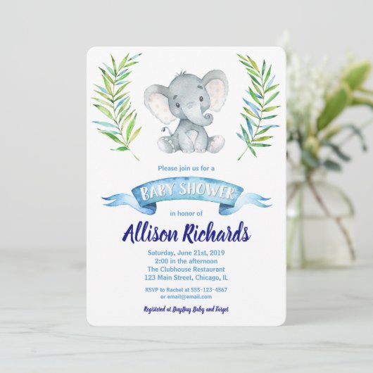 ゾウの赤ちゃんシャワー誘い男の子の水色 招待状 (スタンド正面)