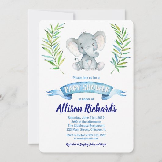 ゾウの赤ちゃんシャワー誘い男の子の水色 招待状 (正面)