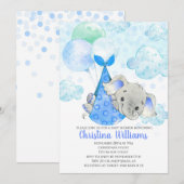 ゾウの赤ちゃん かわいい男の子 ベビーシャワー 青 招待状 (正面/裏面)