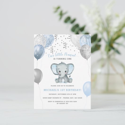 ゾウの風船1歳の誕生日 ポストカード (スタンド正面)