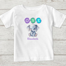 ゾウの1歳の誕生日 名前入り パープル ベビーTシャツ