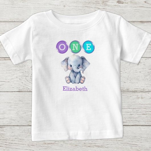 ゾウの1歳の誕生日 名前入り パープル ベビーTシャツ