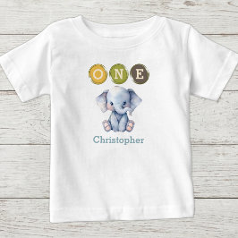 ゾウの1歳の誕生日 名前入り ブルー ベビーTシャツ