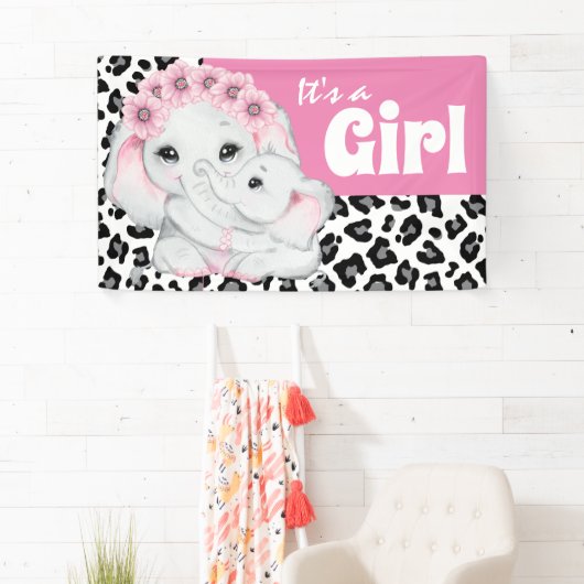 ゾウは女の子かわいいヒョウ柄のプリント新生児 横断幕 (インサイチュ)
