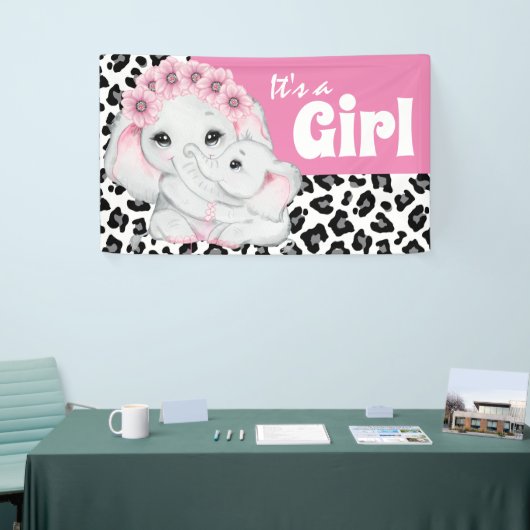 ゾウは女の子かわいいヒョウ柄のプリント新生児 横断幕 (トレードショー)