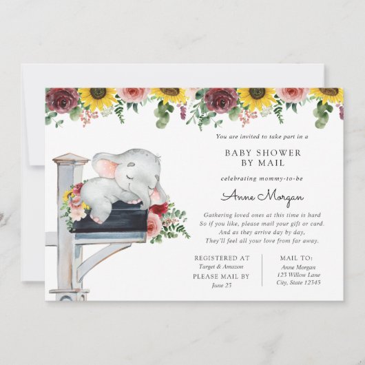 ゾウひまわりバラベビーシャワー（郵便） 招待状 (正面)