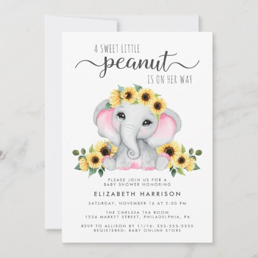 ゾウひまわりピンク水彩赤ちゃんシャワー 招待状 (正面)