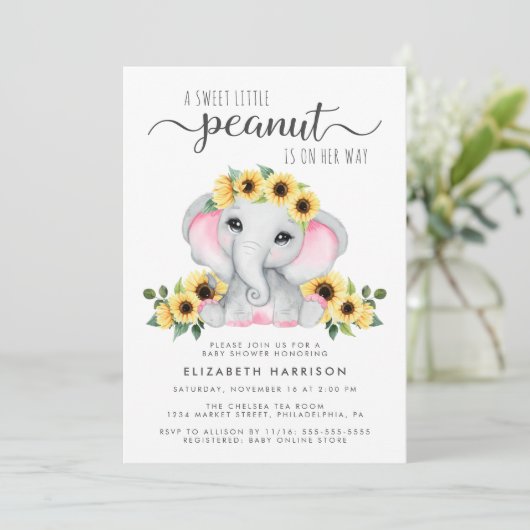 ゾウひまわりピンク水彩赤ちゃんシャワー 招待状 (スタンド正面)