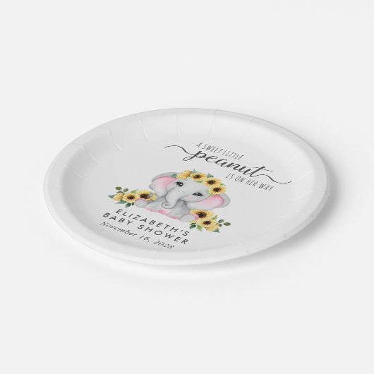 ゾウひまわり赤ちゃんガールシャワー ペーパープレート (アングル)