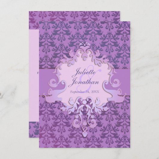 ゾウエレガントグダマスクパープル結婚式招待状 招待状 (正面/裏面)