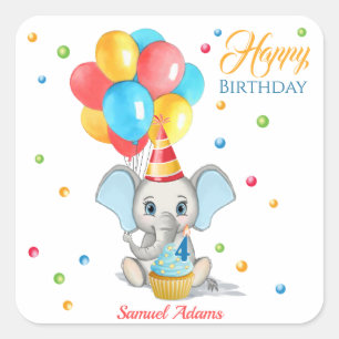 ゾウカラフル漫画子供の誕生日 スクエアシール