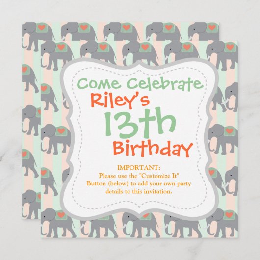 ゾウコかわいらしーラルピーチミントグリーンストライプの 招待状 (正面/裏面)