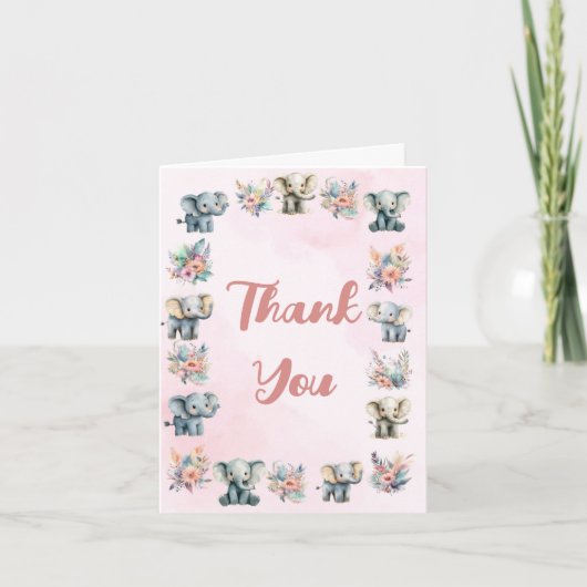 ゾウズボホジャングルフラワーピンクサンキューカード 招待状 (正面)