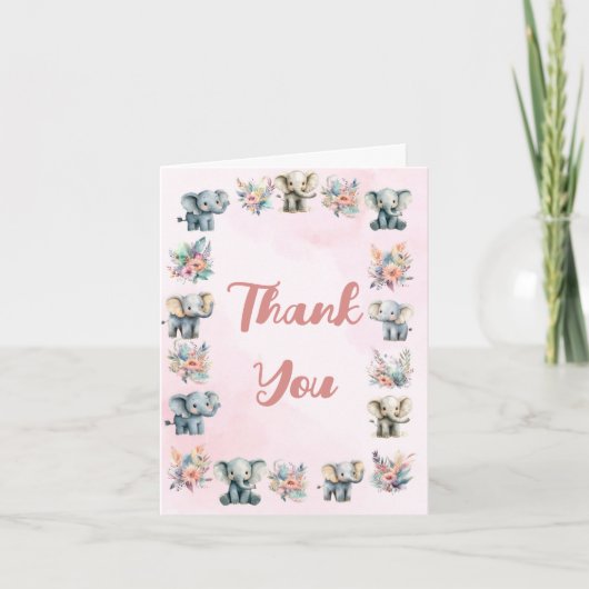 ゾウズボホジャングルフラワーピンクサンキューカード 招待状 (正面)