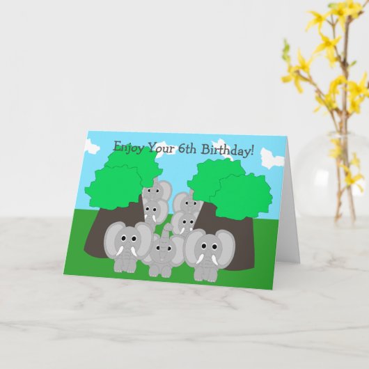 ゾウパーソナライズされたス6誕生日 カード (黄色い花)