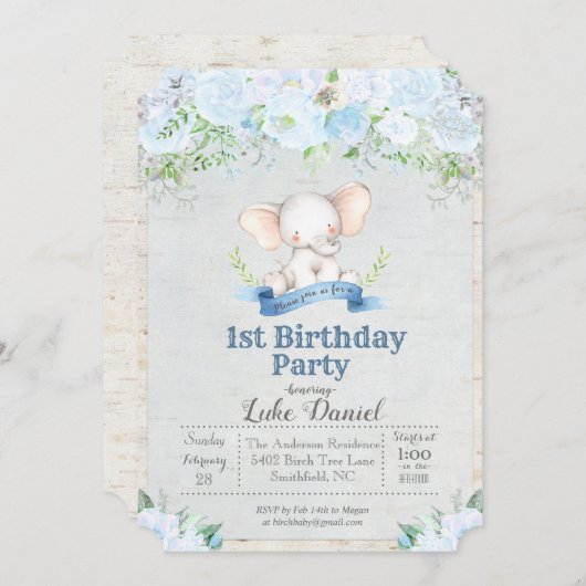 ゾウフローラボーイ1st誕生日パーティの招待状 招待状 (正面/裏面)