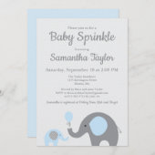 ゾウベビー散水招待状イン青と灰色 招待状 (正面/裏面)
