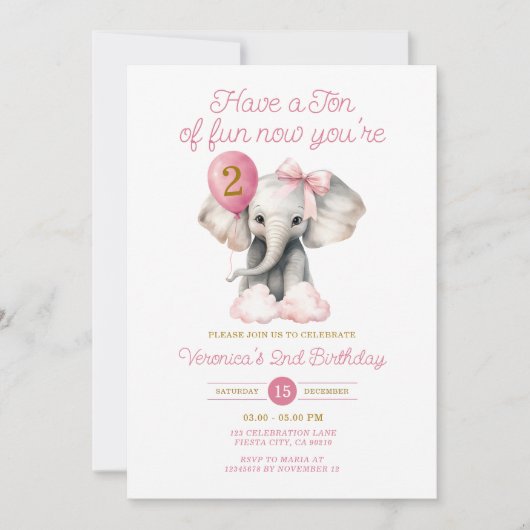 ゾウ今あなたの2番目の誕生日バルーンボウタイ 招待状 (正面)