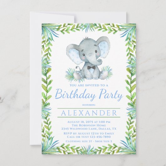 ゾウ任意の番号の少年の誕生日パーティー 招待状 (正面)