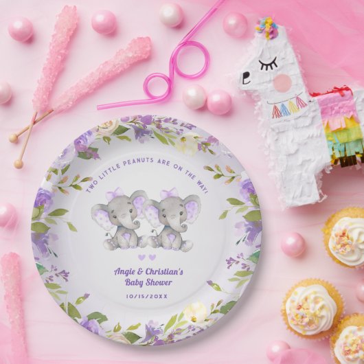 ゾウ双子の女の子の赤ちゃんシャワーかわいい ペーパープレート (パーティー)