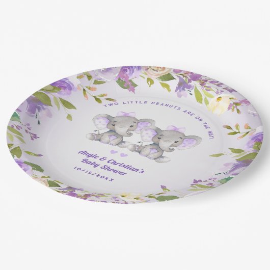 ゾウ双子の女の子の赤ちゃんシャワーかわいい ペーパープレート (アングル)