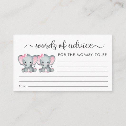 ゾウ双子の女の子の赤ちゃんシャワーの言葉のアドバイス エンクロージャーカード (正面)