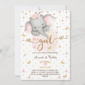 ゾウ女の子ソフトピンクボホ赤ちゃんシャワー 招待状 (正面)