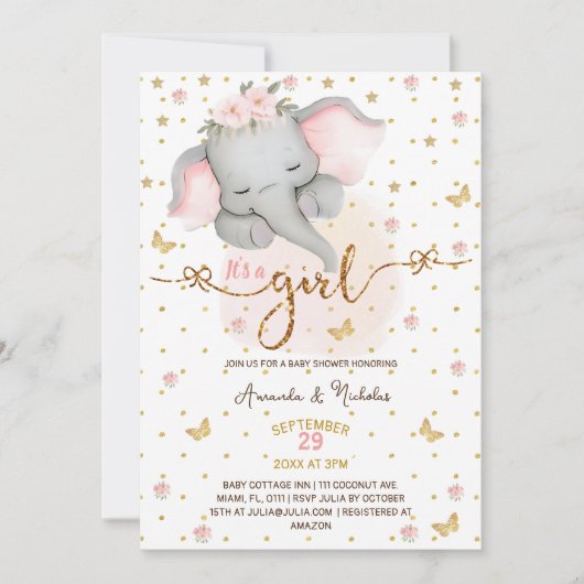 ゾウ女の子ソフトピンクボホ赤ちゃんシャワー 招待状 (正面)