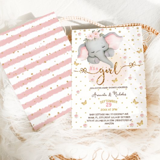 ゾウ女の子ソフトピンクボホ赤ちゃんシャワー 招待状