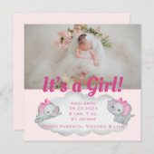 ゾウ女の子ピンクの写真の誕生のお知らせ (正面/裏面)