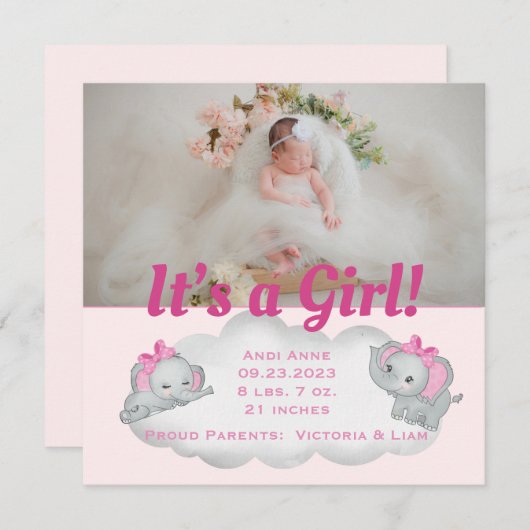 ゾウ女の子ピンクの写真の誕生のお知らせ (正面/裏面)